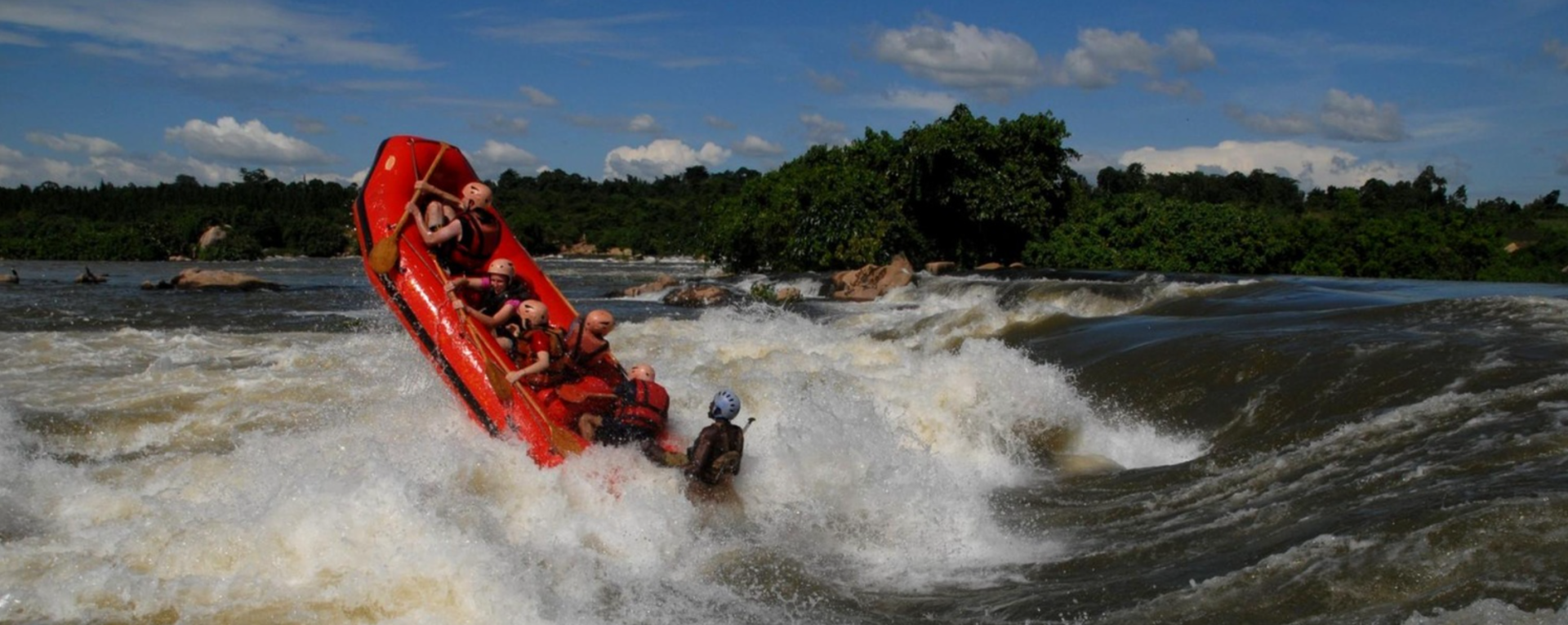Rafting in the rapids on the river Nile in Jinja Uganda.