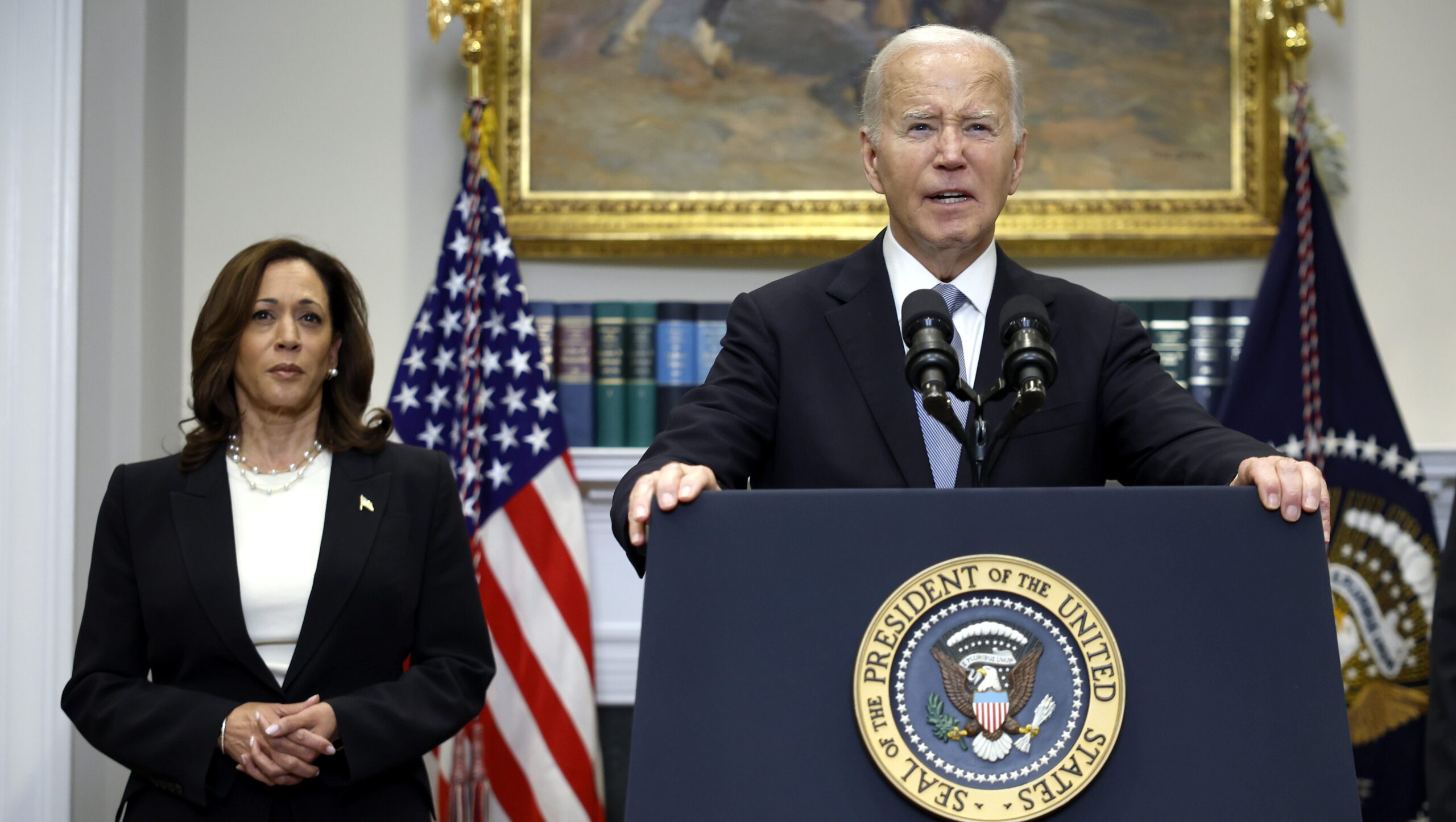 WASHINGTON, DC - JULY 14: U.S. President Joe Biden delivers remarks on the assassination attempt on Republican presidential candidate former President Donald Trump at the White House on July 14, 2024 in Washington, DC. A shooter opened fire injuring former President Trump, killing one audience member, and injuring two others during a campaign event in Butler, Pennsylvania on July 13. Biden was joined by Vice President Kamala Harris. (Photo by Kevin Dietsch/Getty Images)