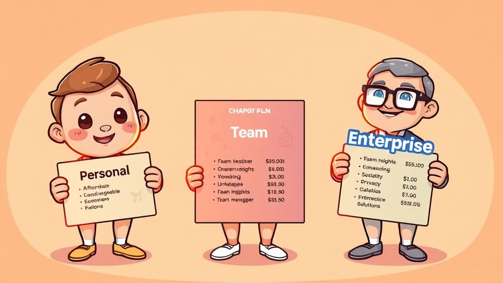 요금제 종류와 가격은? 개인, 팀, 기업 (cartoon 스타일)