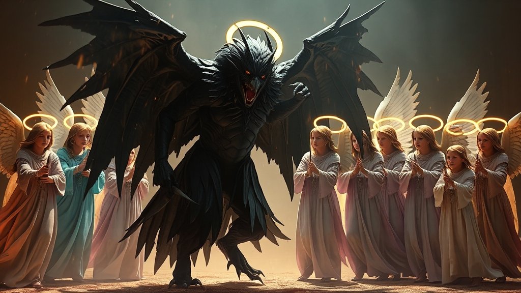 트웰브: 등장인물, 세계관, 웹툰 원작 비교 완벽 분석 5 악귀 vs 천사: 갈등 구조 (realistic 스타일)