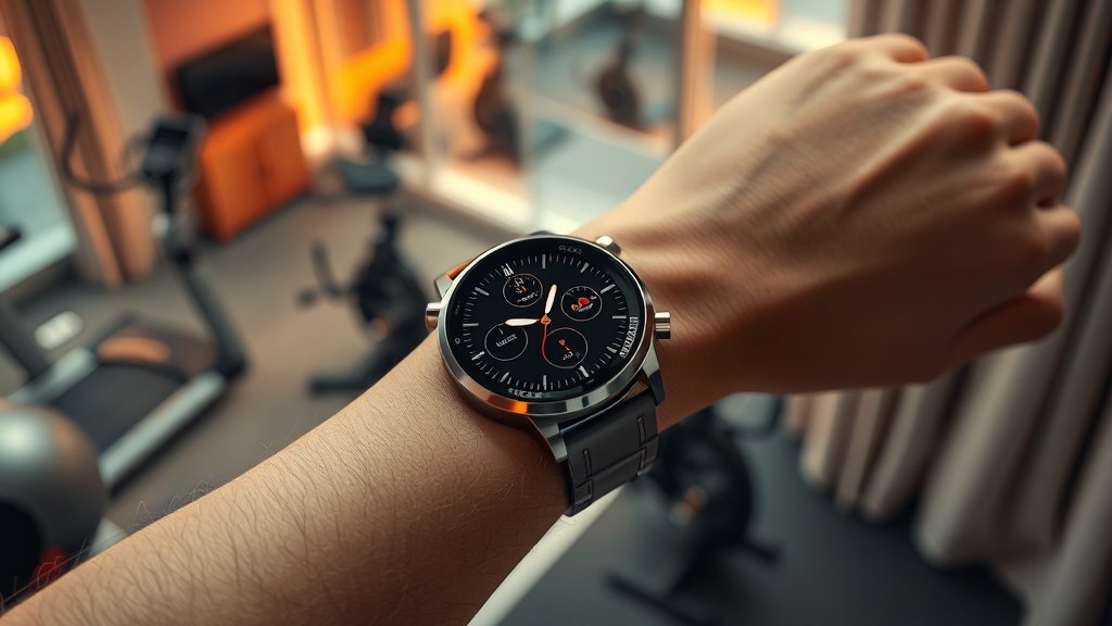 워치8 주요 기능: 건강, 운동, 편의 (realistic 스타일)