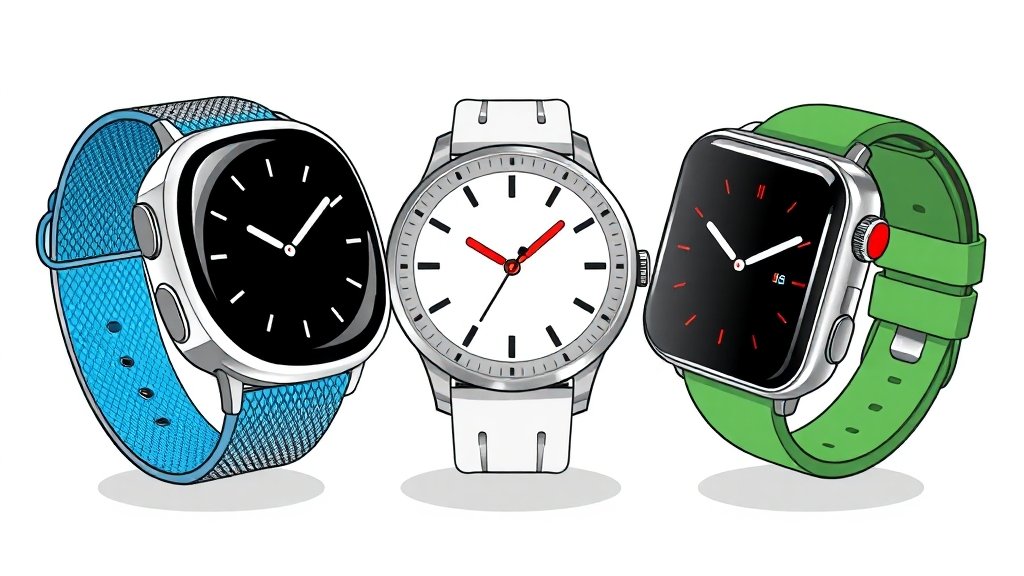 경쟁 제품 비교: 애플 워치, 픽셀 워치 (cartoon 스타일)