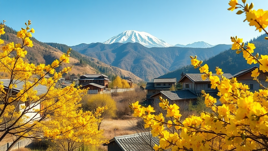 노란 산수유 물결, 구례에서 만나는 봄의 정취 (realistic 스타일)