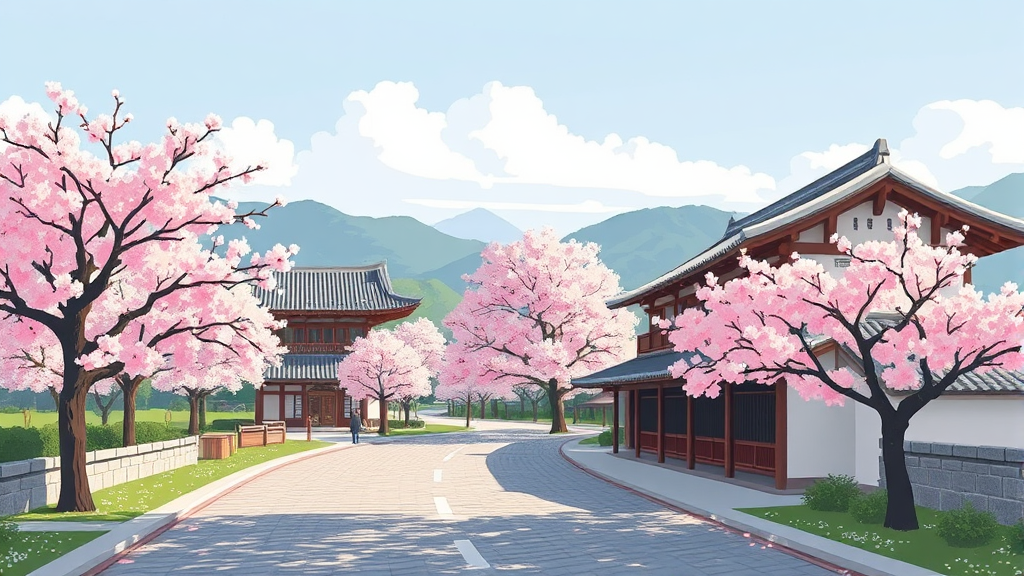 전통과 자연이 어우러진 봄 여행지 (illustration 스타일)