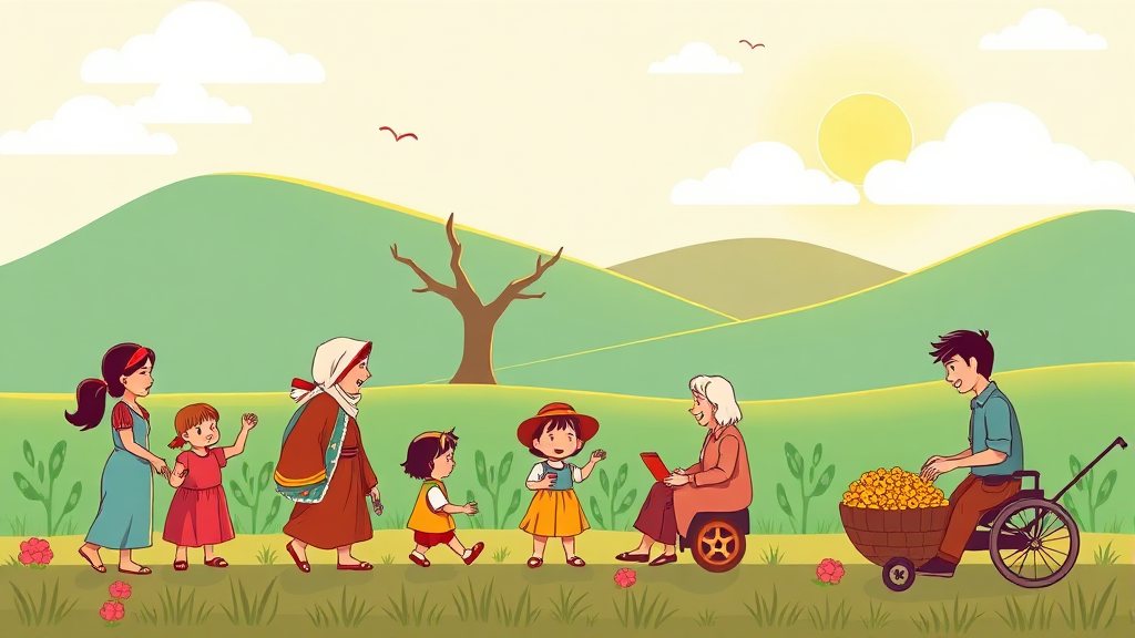 청년, 저출산, 노인, 장애인, 농어민을 위한 지원 정책 변화 (cartoon 스타일)