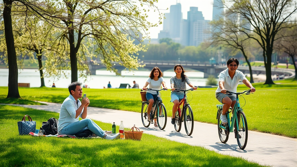 한강 공원에서 만끽하는 봄바람: 자전거 라이딩 & 피크닉 (realistic 스타일)