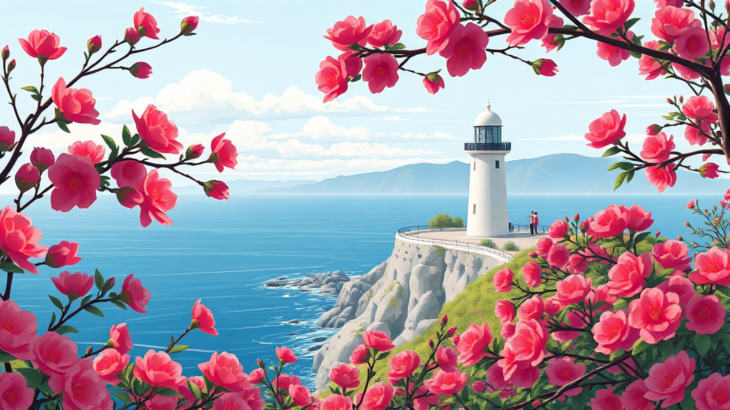 3월 전남 봄꽃 여행: 광양 매화부터 구례 산수유까지 3 낭만 가득한 여수, 오동도 동백꽃 (illustration 스타일)