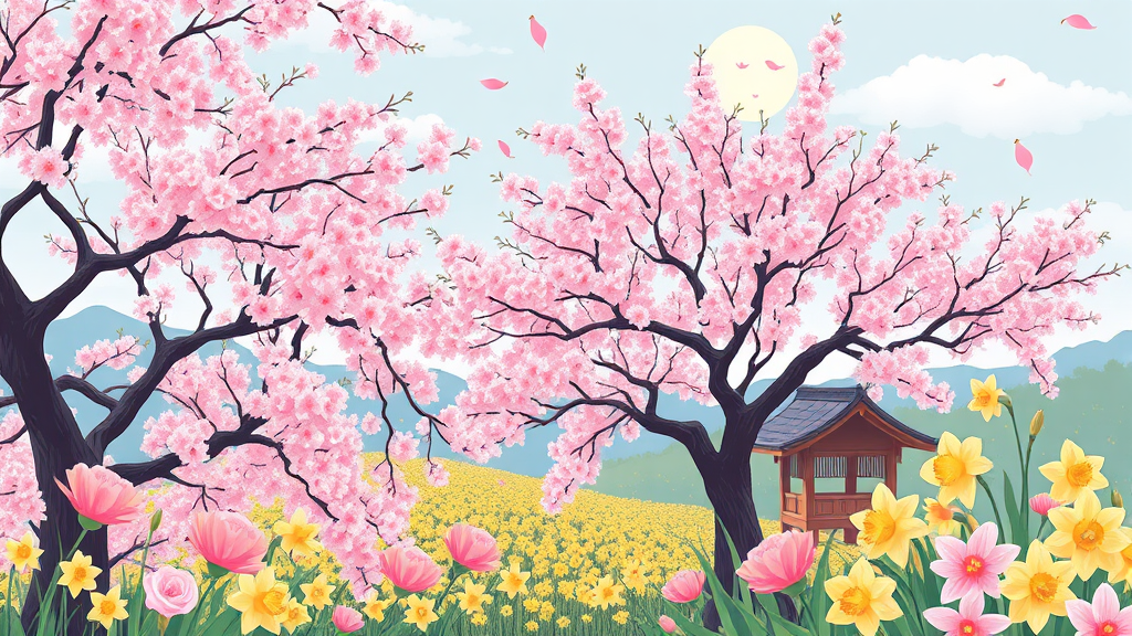 3월 충남 봄꽃 명소: 서천 동백정부터 태안 튤립까지 1 3월 충남 봄꽃 여행지 추천 (illustration 스타일)