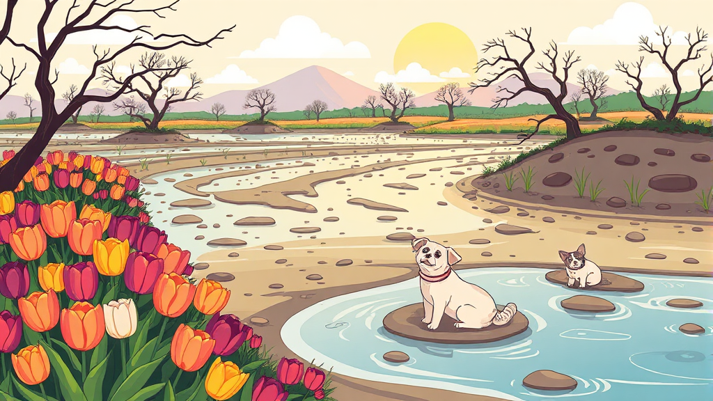 3월 충남 봄꽃 명소: 서천 동백정부터 태안 튤립까지 3 태안의 봄: 튤립 축제와 갯벌 체험의 조화 (cartoon 스타일)