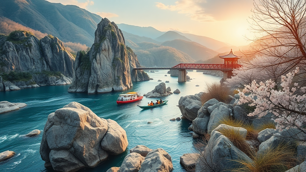 단양팔경: 봄의 정취를 담은 아름다운 자연 속으로 (realistic 스타일)