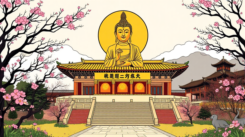 속리산 & 법주사: 고즈넉한 사찰과 함께하는 봄 산책 (illustration 스타일)