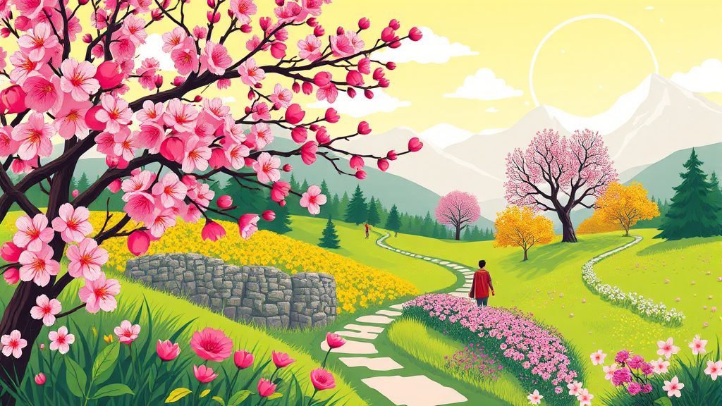봄꽃 개화 시기 및 여행 계획 세우기 (cartoon 스타일)