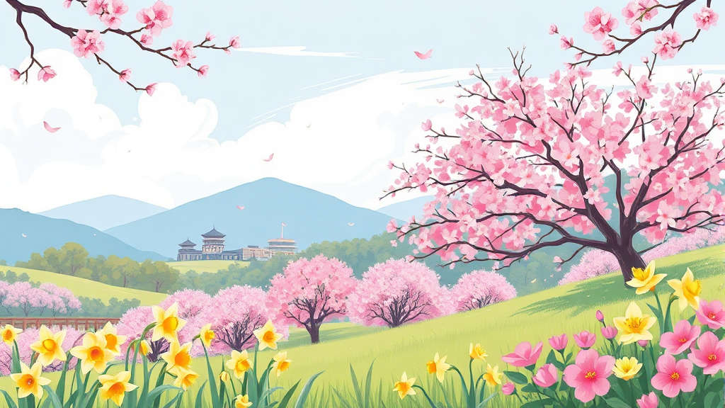 3월 경기도 봄꽃 축제: 벚꽃, 산수유, 진달래 명소 총정리 8 경기도 봄 여행, 놓치면 후회할 명소 총정리 (illustration 스타일)