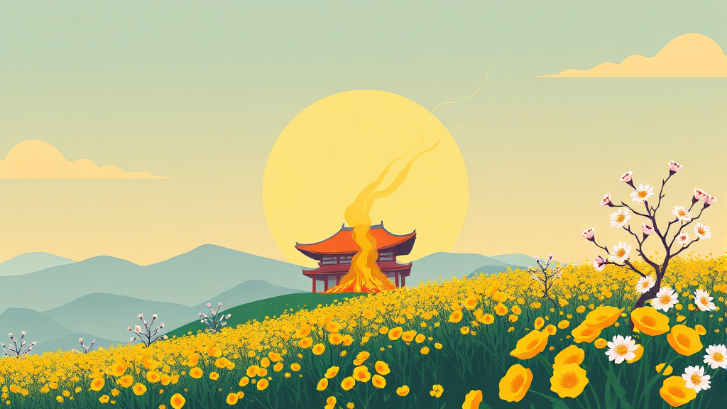 3월 제주도, 유채꽃부터 들불축제까지 봄꽃 만끽 여행 완벽 가이드 1 3월 제주, 봄의 시작을 알리는 축제와 여행지 (illustration 스타일)