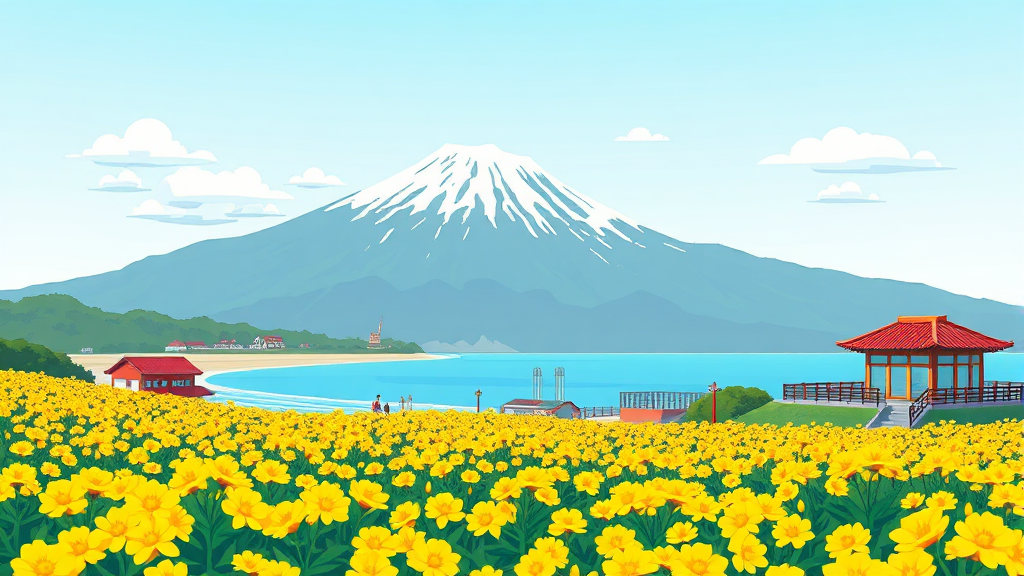 3월 제주도, 유채꽃부터 들불축제까지 봄꽃 만끽 여행 완벽 가이드 2 제주 유채꽃 명소: 산방산, 용머리해안, 노리매 (cartoon 스타일)