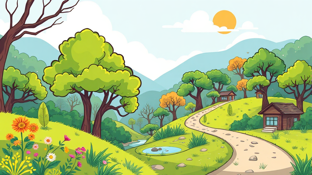 3월 제주도, 유채꽃부터 들불축제까지 봄꽃 만끽 여행 완벽 가이드 5 자연 속 힐링: 사려니숲길, 비자림, 용눈이오름 (cartoon 스타일)