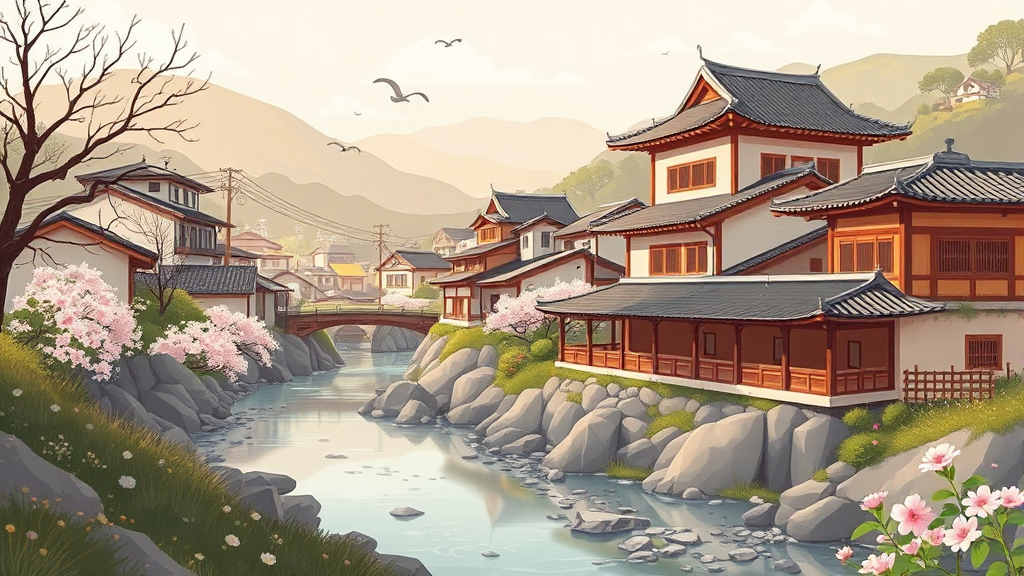 안동 하회마을: 고즈넉한 전통과 봄꽃의 조화 (illustration 스타일)