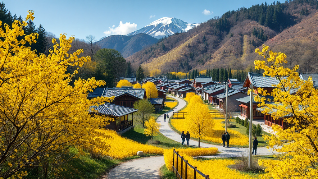 구례 산수유마을: 노란 산수유꽃으로 물드는 봄 (realistic 스타일)