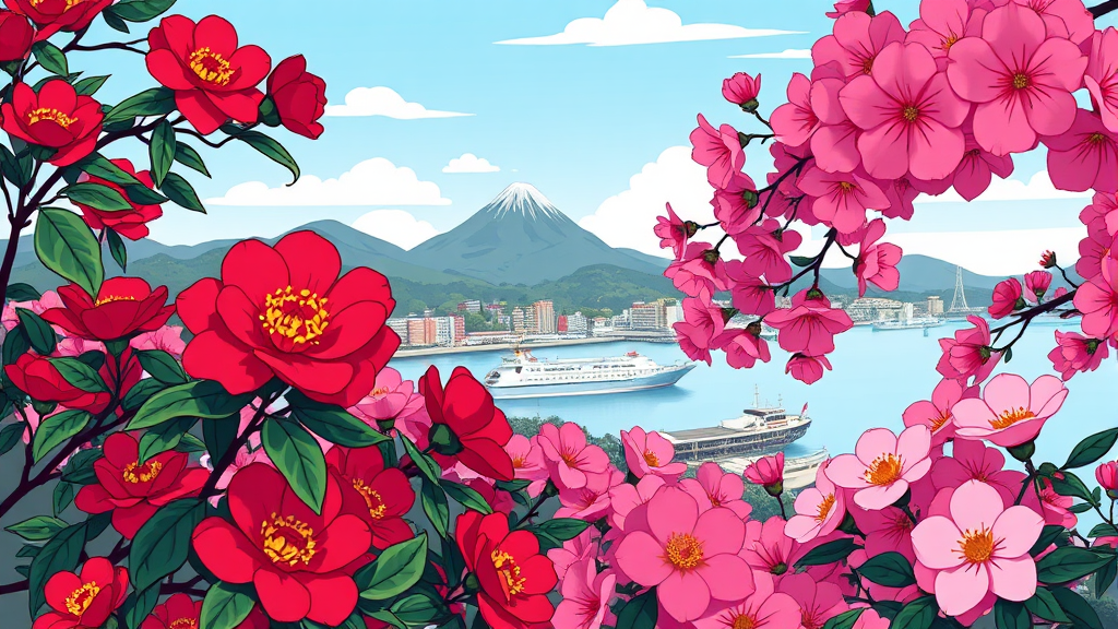 3월 봄꽃 여행: 매화, 산수유부터 제주 이색 축제까지 총정리 3 붉은 동백꽃과 분홍 진달래: 봄의 화려한 절정 (cartoon 스타일)